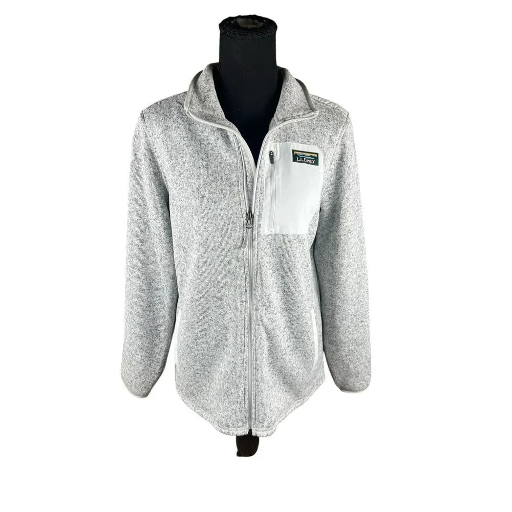 L.L.Bean Sweater Fleece Full-Zip Overlay Jacket Women's large Heather Gray Logo - Picture 1 of 6